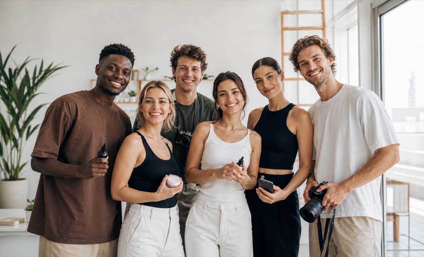 International creators and models smiling together with products, phones, and cameras during a content production shoot.