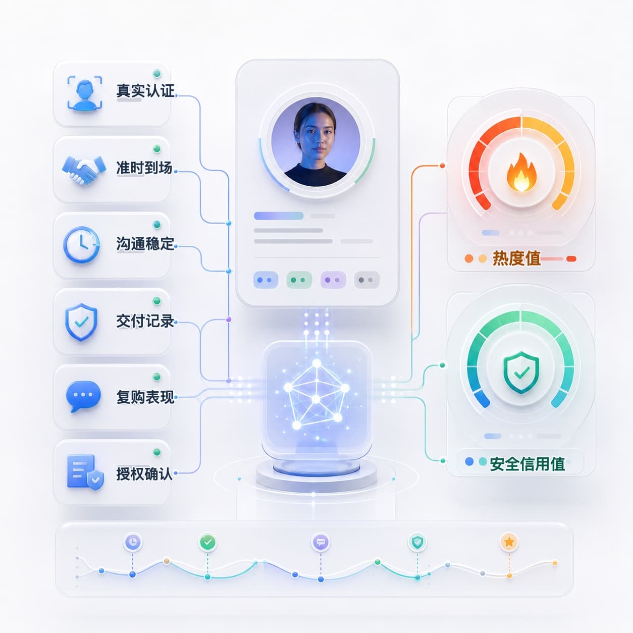 Algorithm dashboard illustration showing creator cooperation records feeding heat and credit score meters.